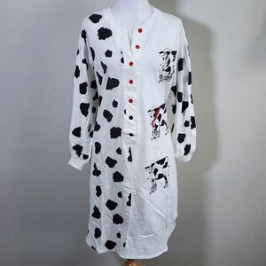 Cow Print Nightgown Womens XL Cotton Henley Long Sleeve Sleepwear Fairy Western